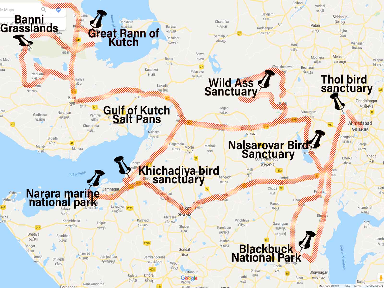 gujarat tourist map with distance